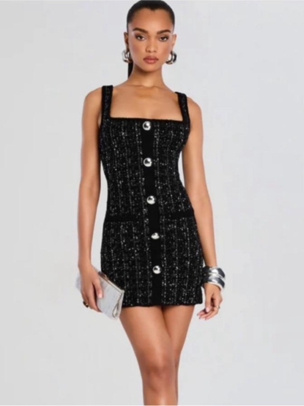Retrofete Black Tweed Button-Front Mini Dress